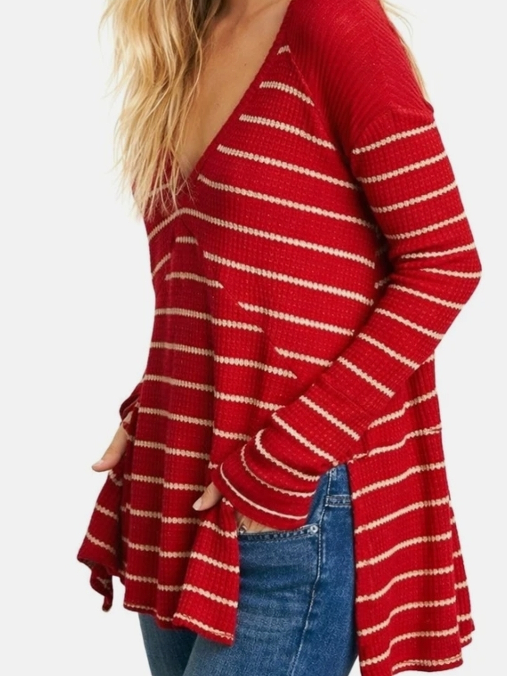 Free People Red Striped V-Neck Women’s Waffle Shirt